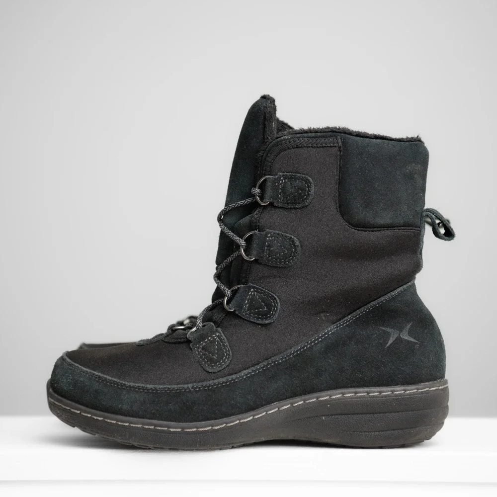 Aetrex Womens Sz 8.5 Black Leather Suede Lace Up Winter Boots Apres Ski GorpCore